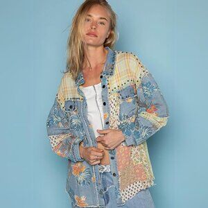 POL Patchwork Print Shacket in Denim Multi NWT